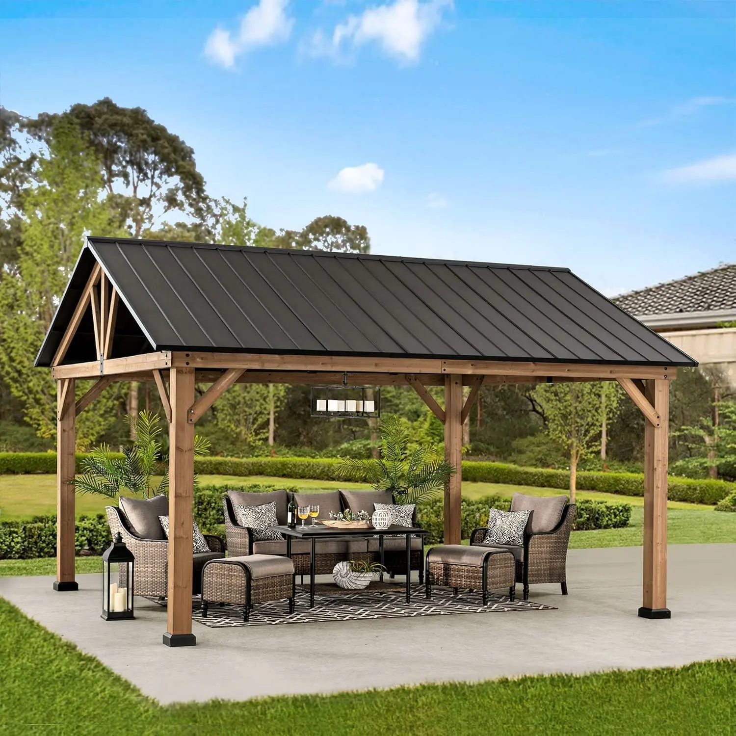 SUNJOY Tonnelle en Bois de Cèdre Massif 4,6x4 m, Toit Pignon Étanche en Acier, Poteaux Renforcés de 14 cm, Résistante au Vent et à la Neige, Abri Permanent pour Terrasse et Jardin