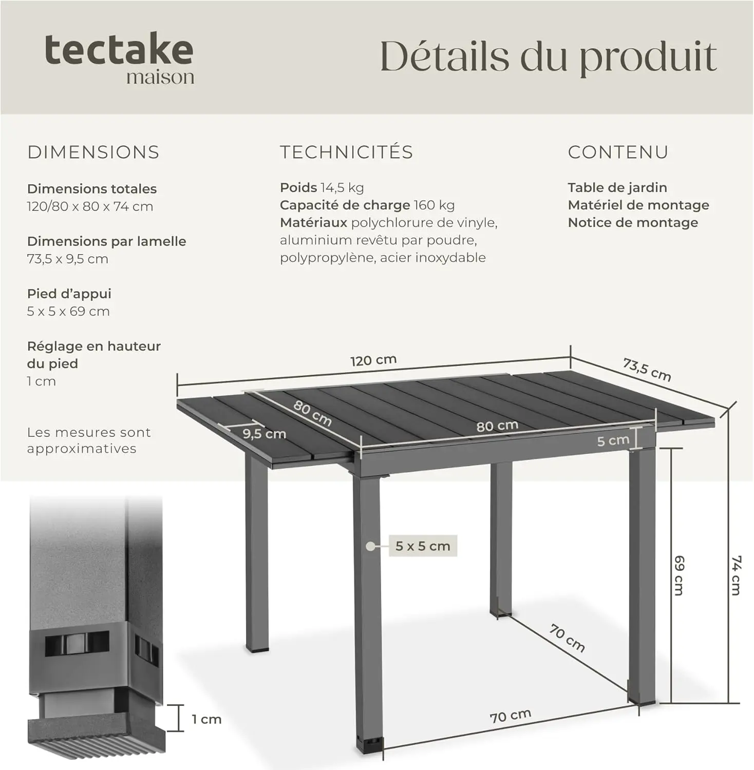 Table de jardin 6 places en aluminium noir vue 3