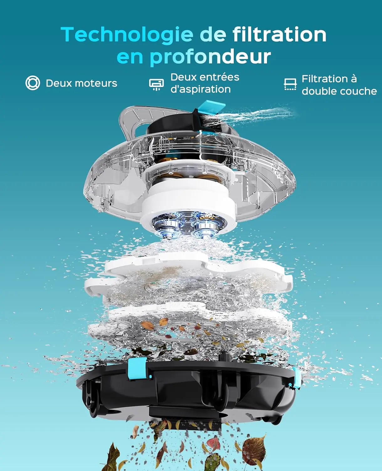 Robot piscine noir 60 m² vue 3