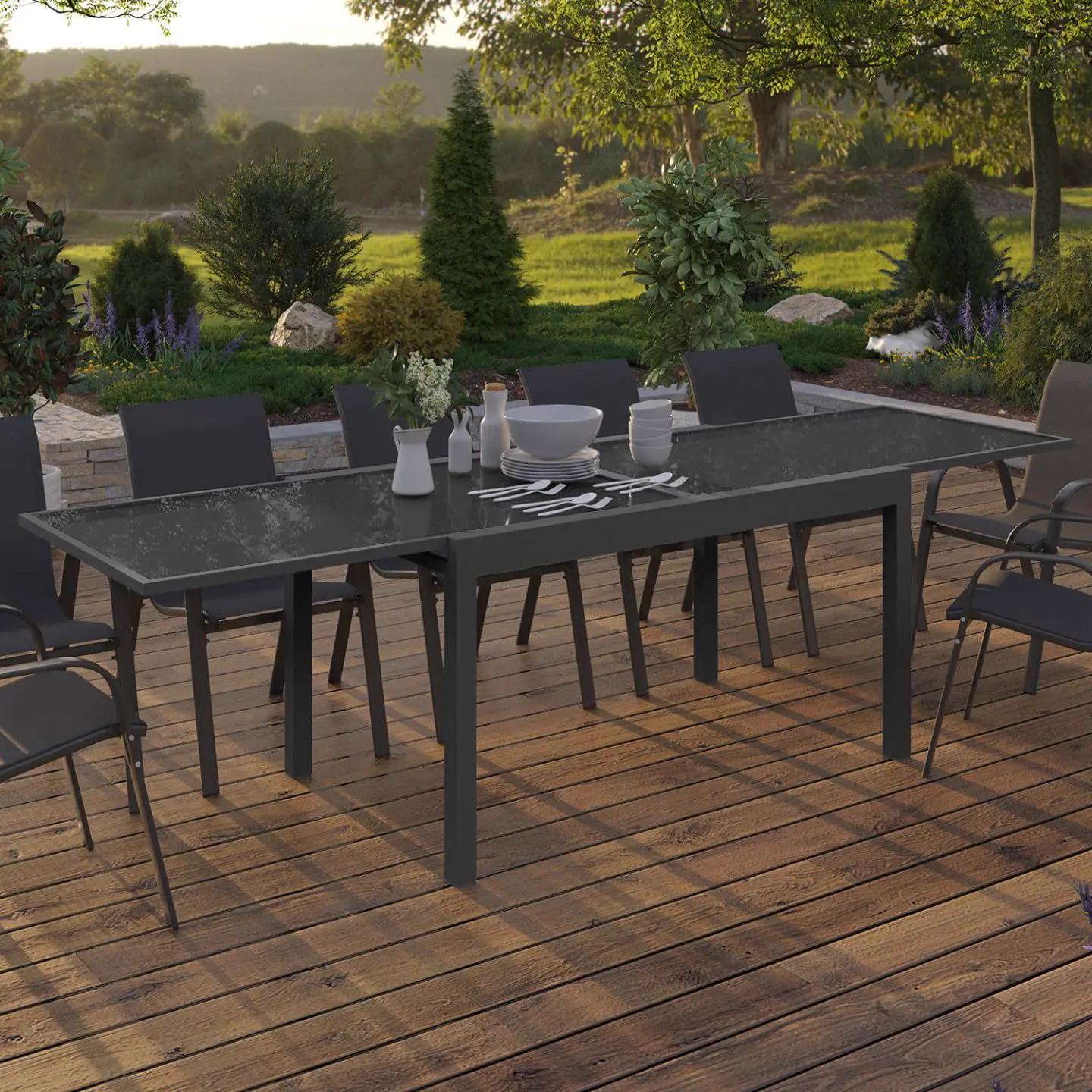 Table de jardin 12 places en aluminium gris 5x5 m vue 2