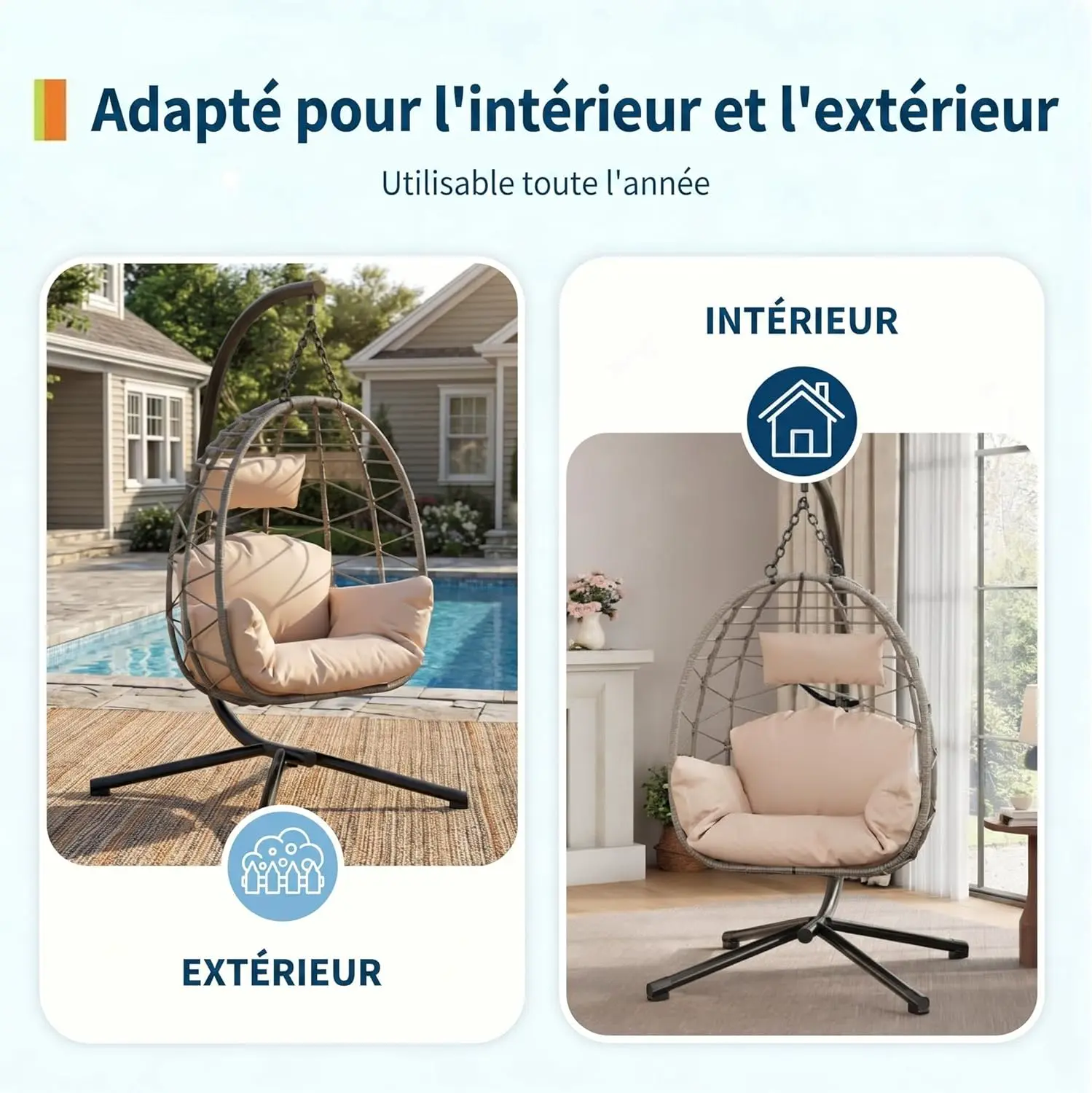 Fauteuils suspendus en rotin beige vue 5