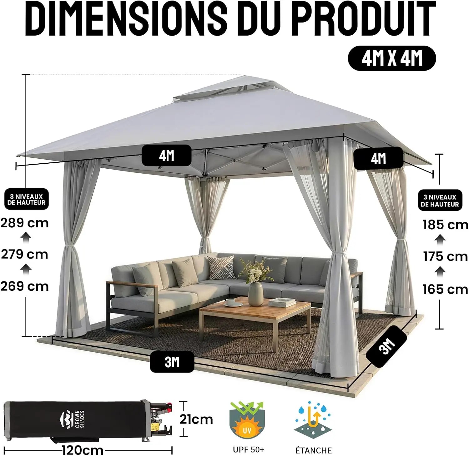 Tonnelle en métal gris 4x4 m vue 2