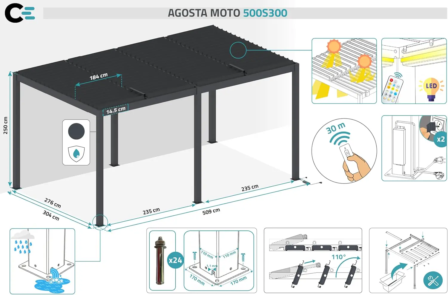 Pergola en aluminium gris 5x3 m autoportée motorisée vue 5