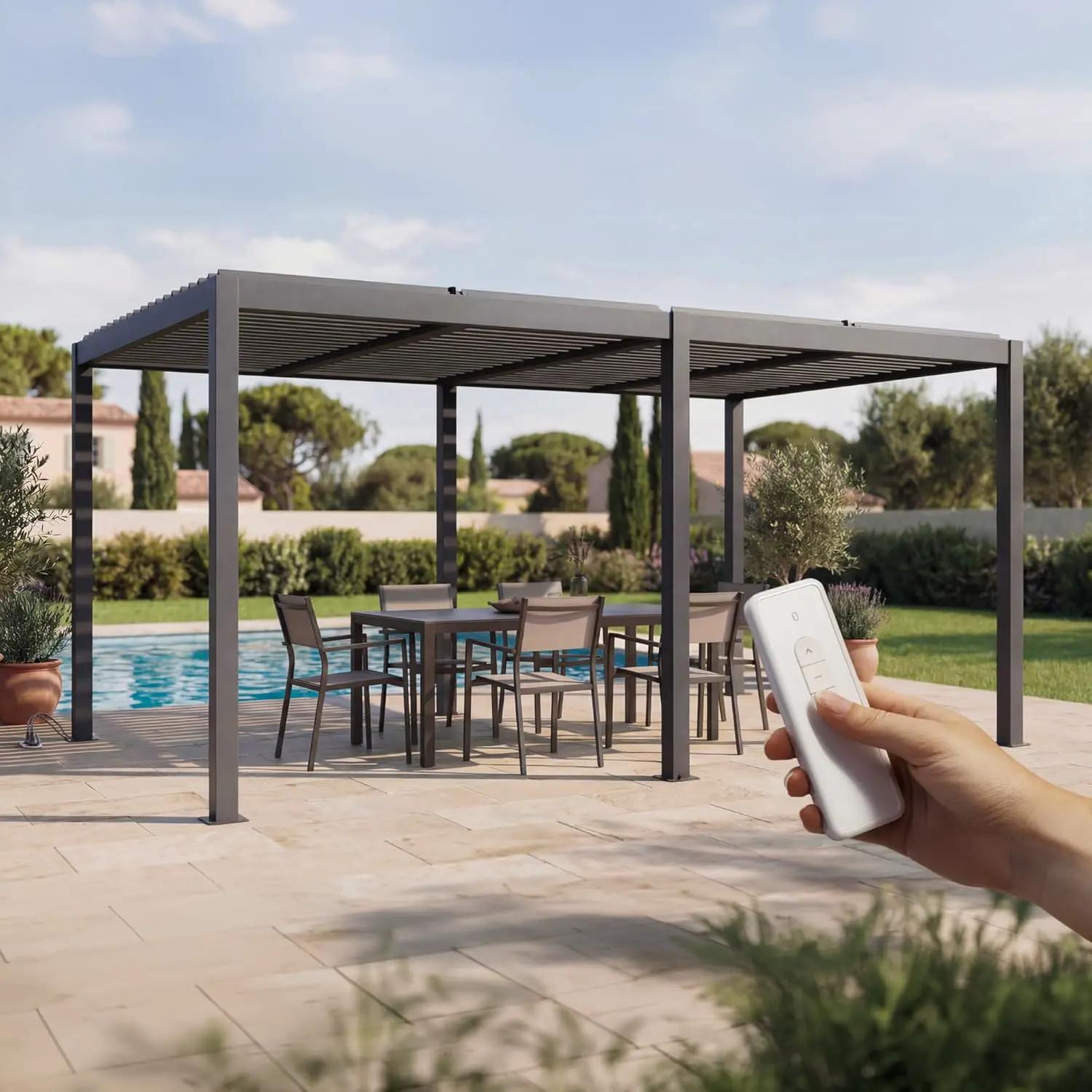 Pergola en aluminium gris 5x3 m autoportée motorisée vue 9