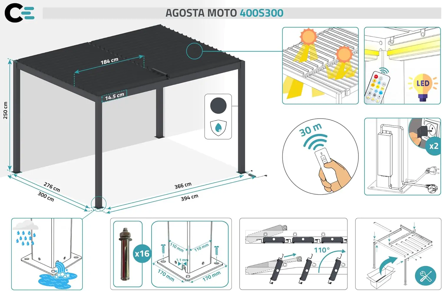 Pergola en aluminium gris 4x3 m autoportée motorisée vue 5
