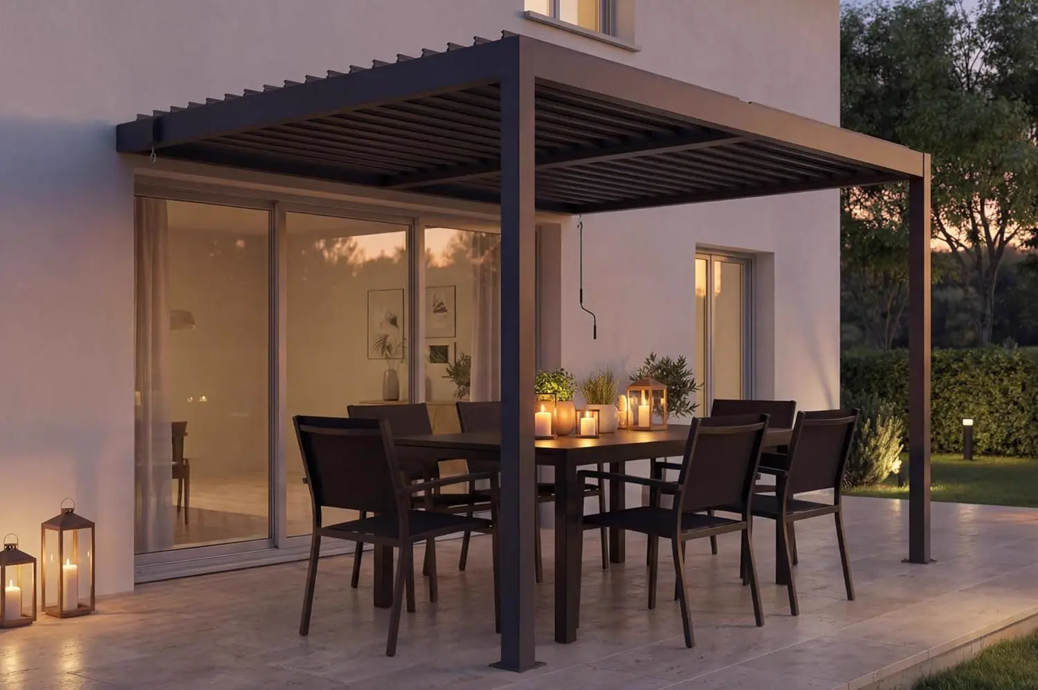 Pergola en aluminium gris 3x2 m adossée vue 5