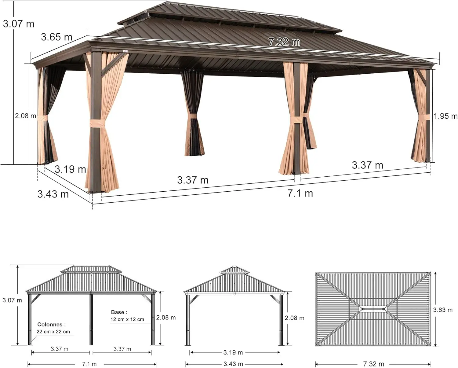 Pergola en aluminium gris 7,32x3,65 m vue 3