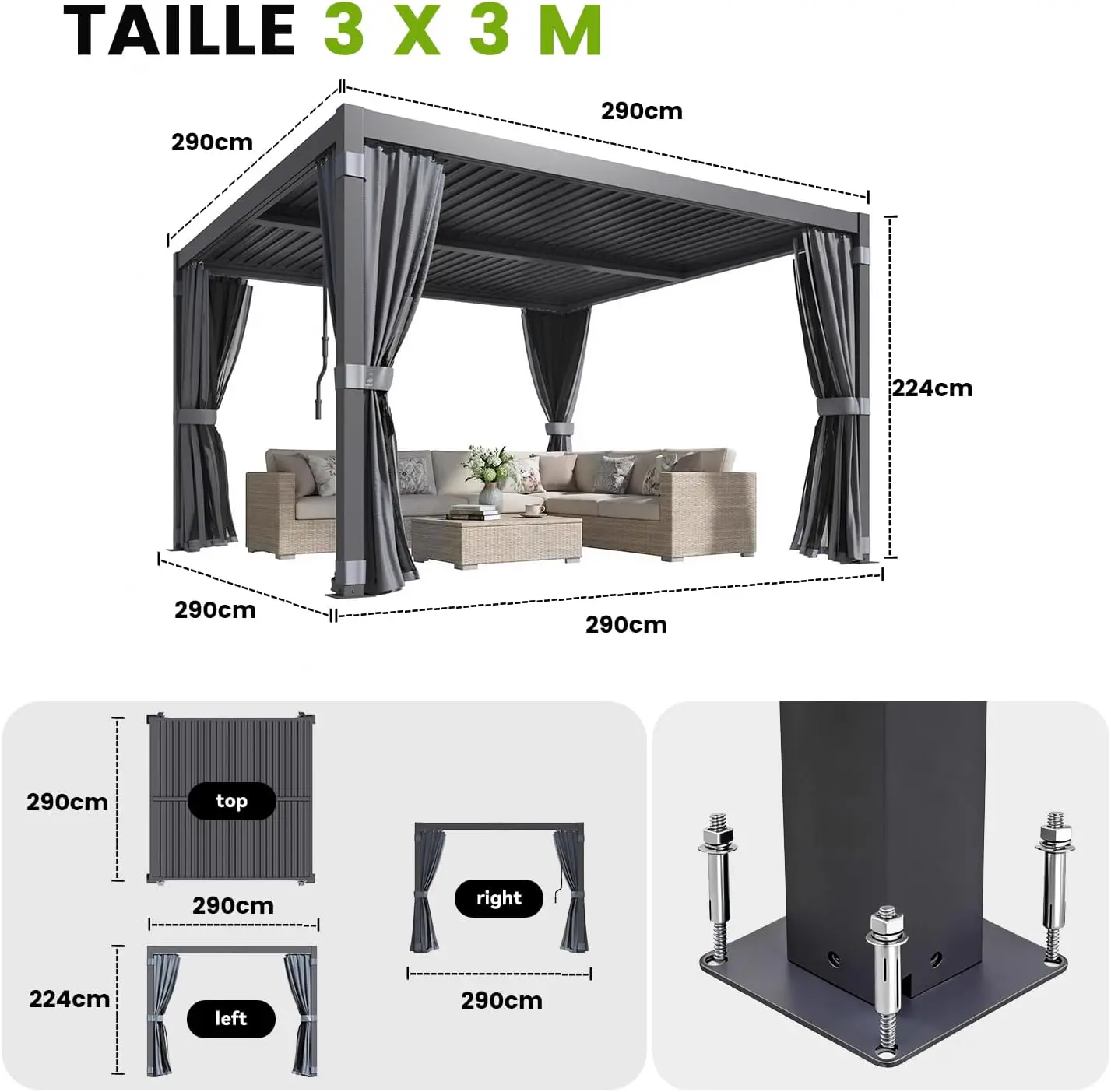 Pergola en aluminium noir 3x3 m vue 2