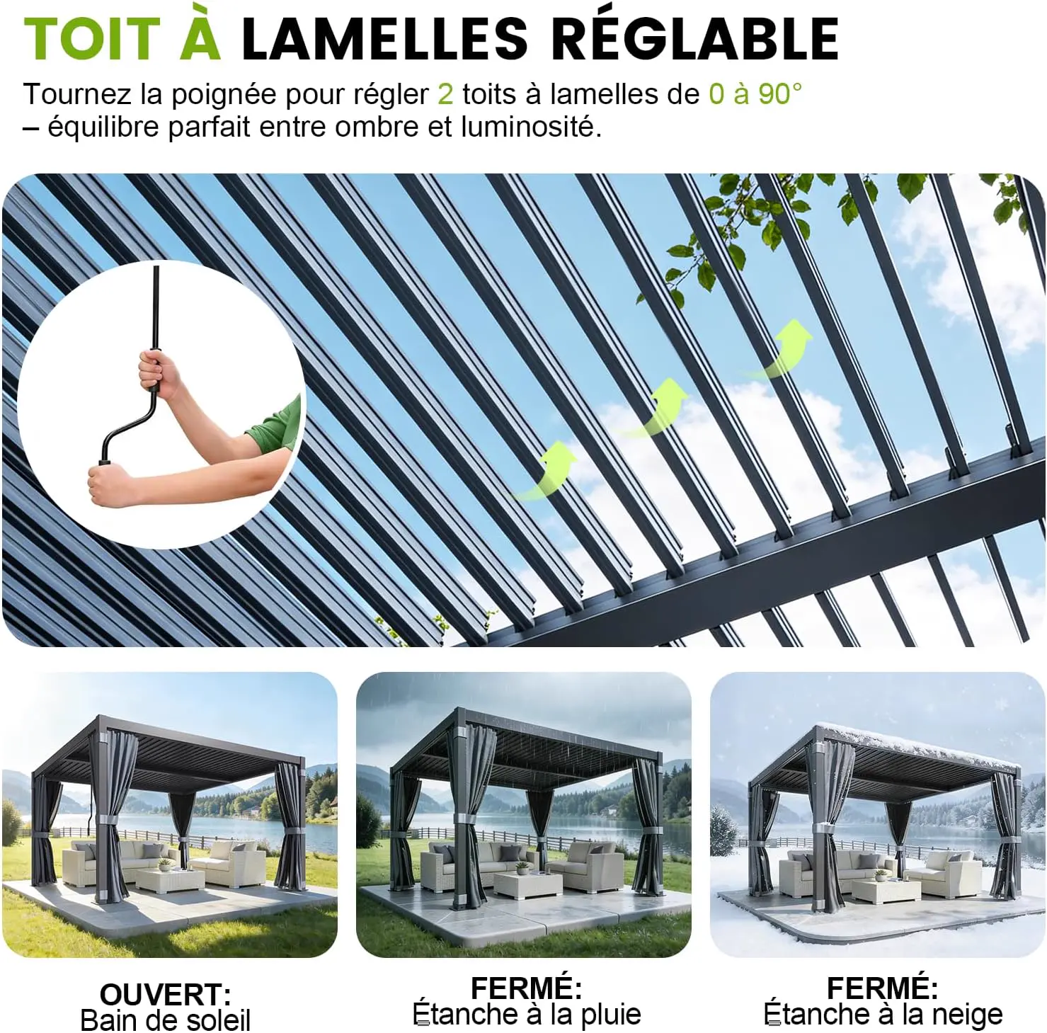 Pergola en aluminium noir 3x3 m vue 3