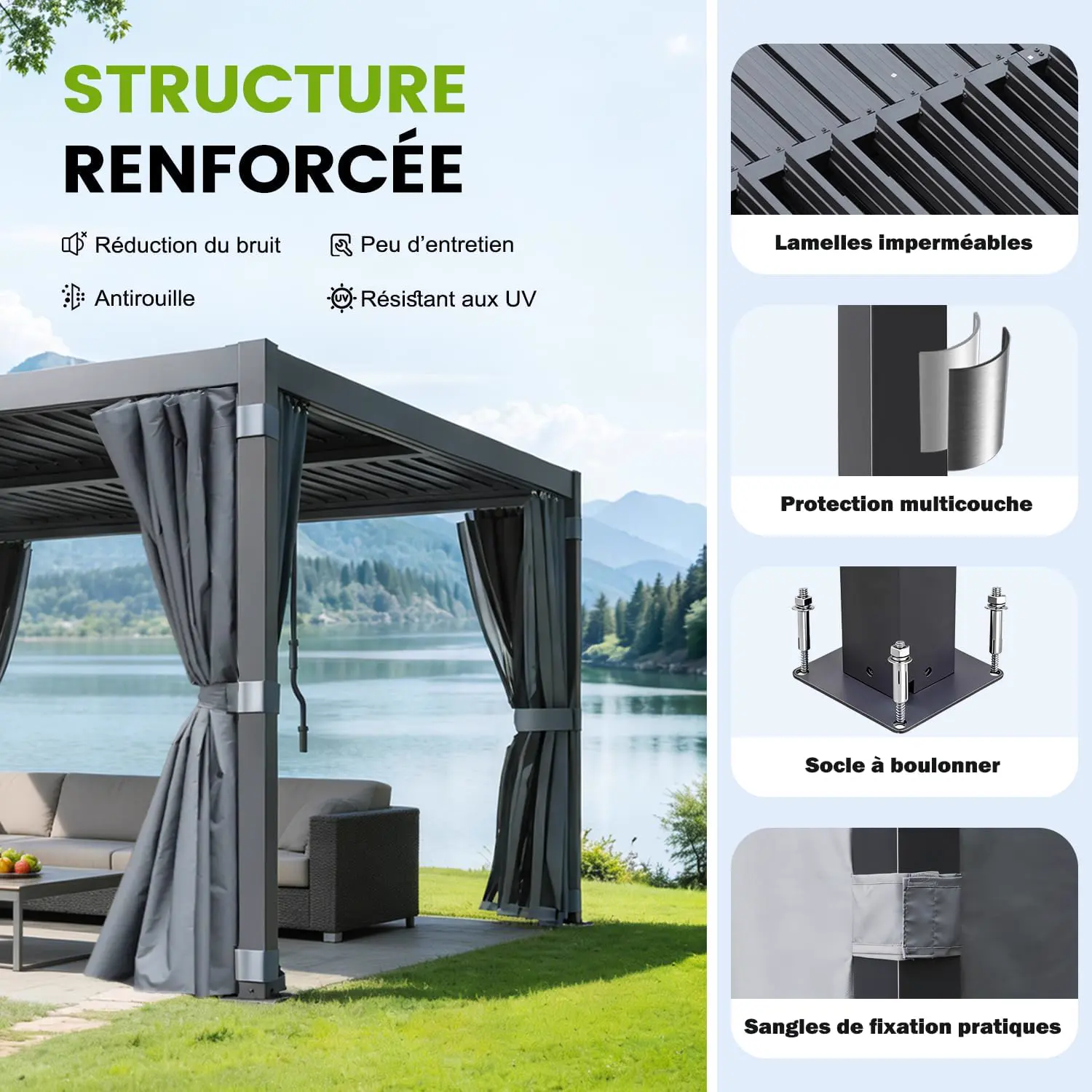 Pergola en aluminium noir 3x3 m vue 6