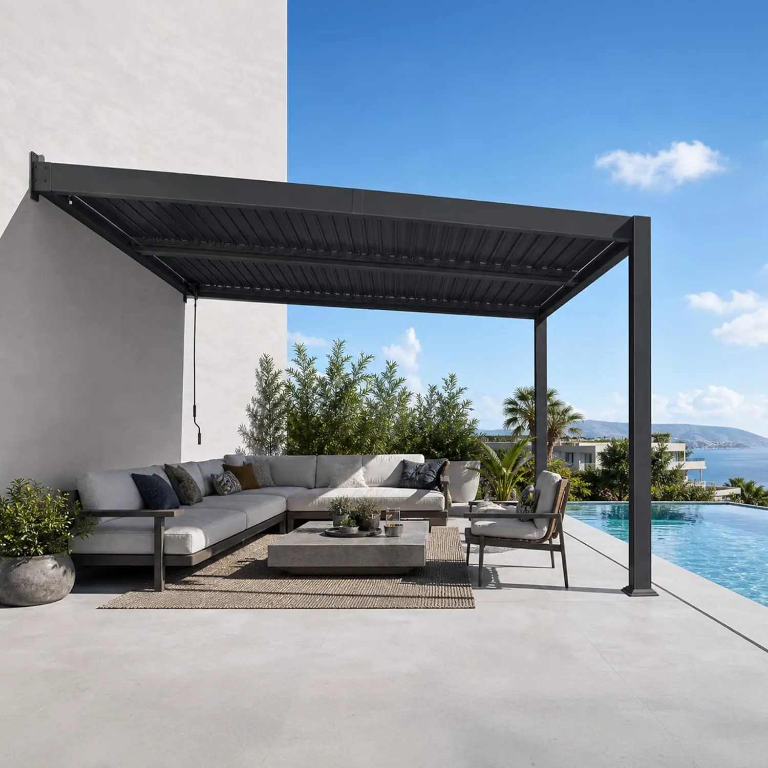 Pergola en aluminium gris 2,5x3,65 m adossée vue 2