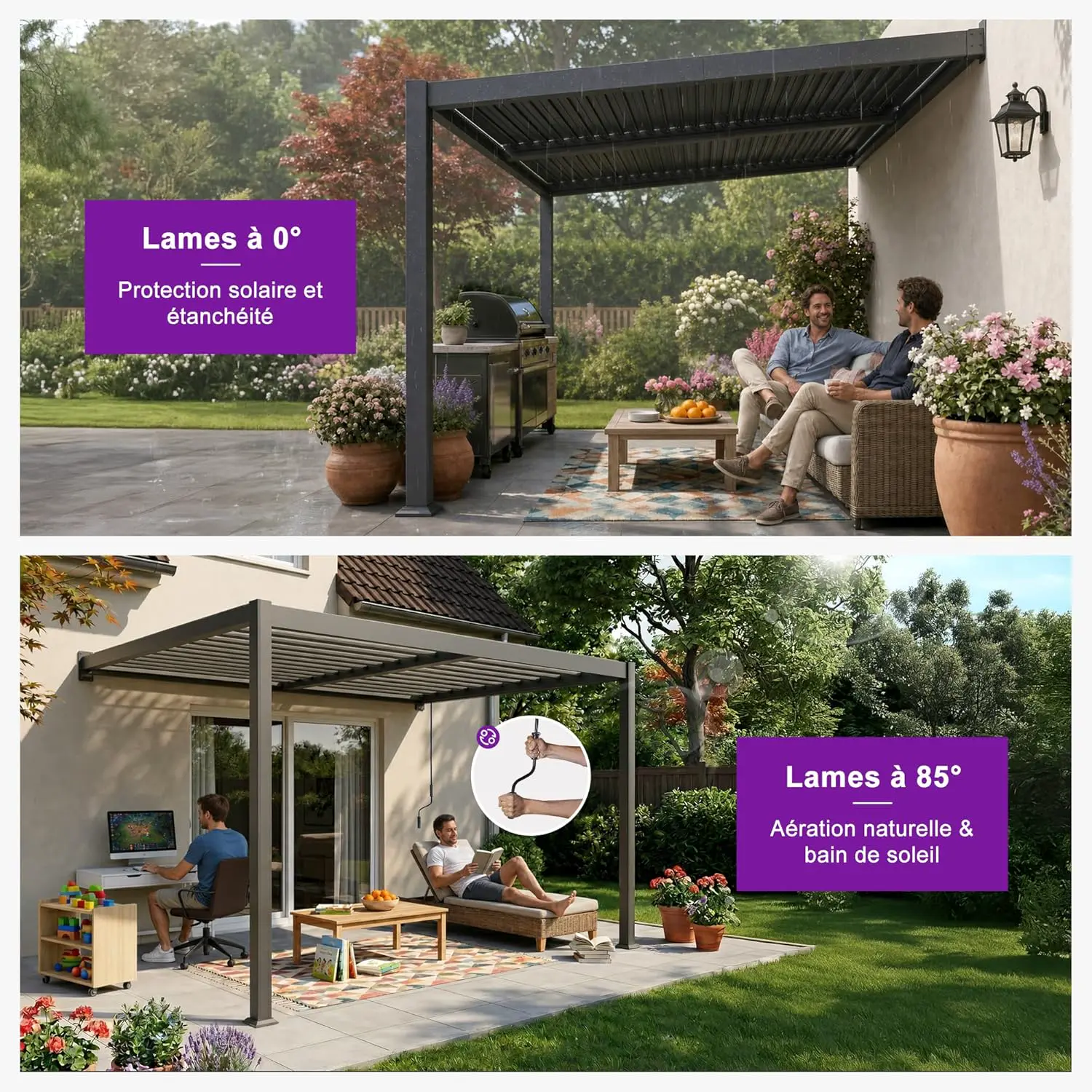 Pergola en aluminium gris 2,5x3,65 m adossée vue 3