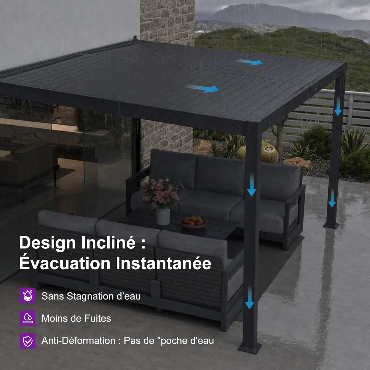 Pergola en aluminium gris 2,5x3,65 m adossée vue 8