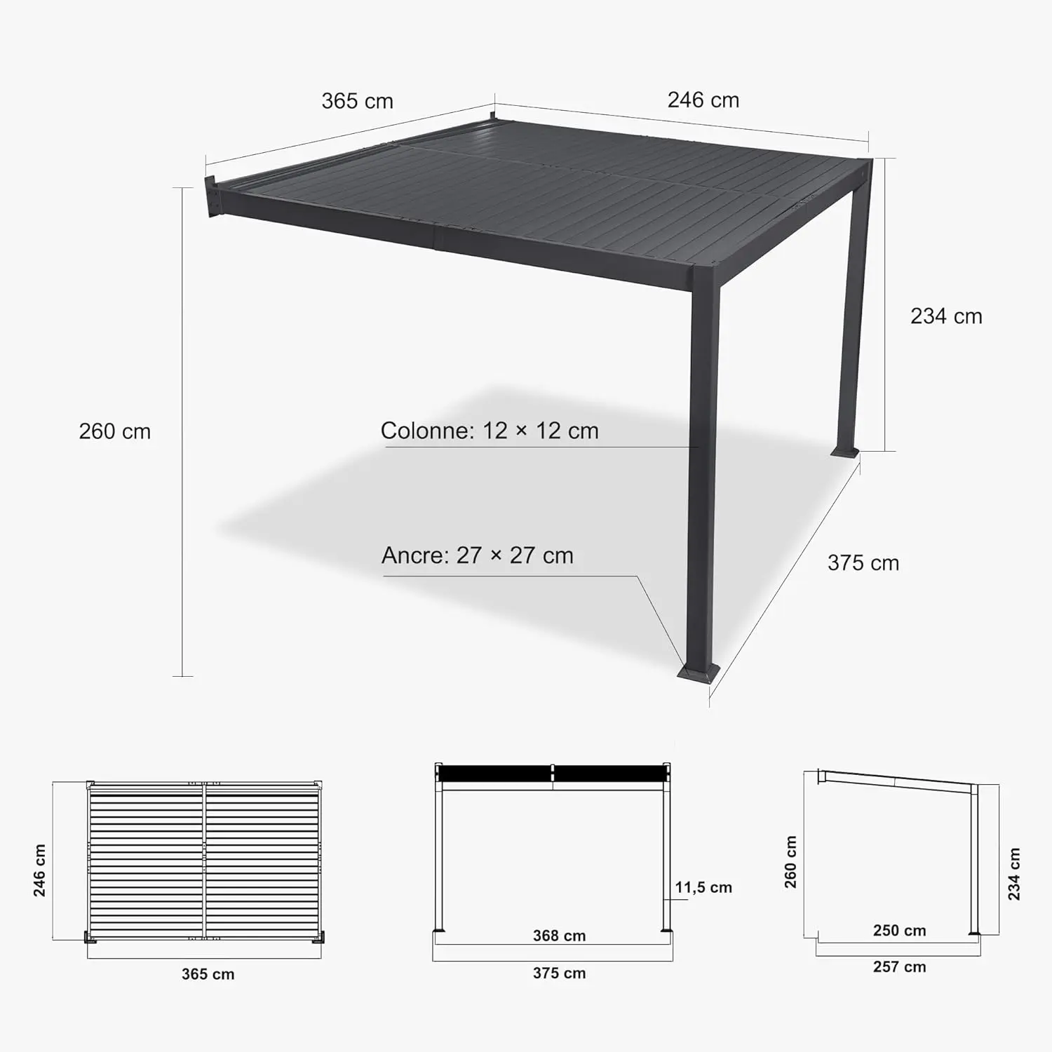 Pergola en aluminium gris 2,5x3,65 m adossée vue 9