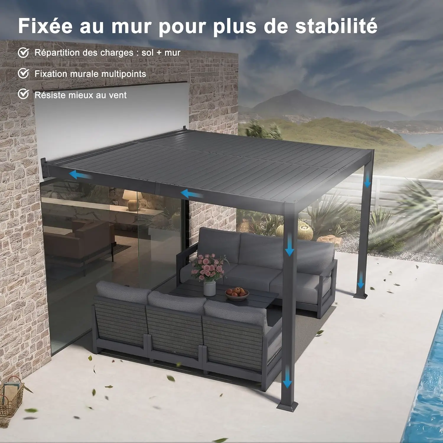 Pergola en aluminium gris 2,5x3 m adossée vue 4