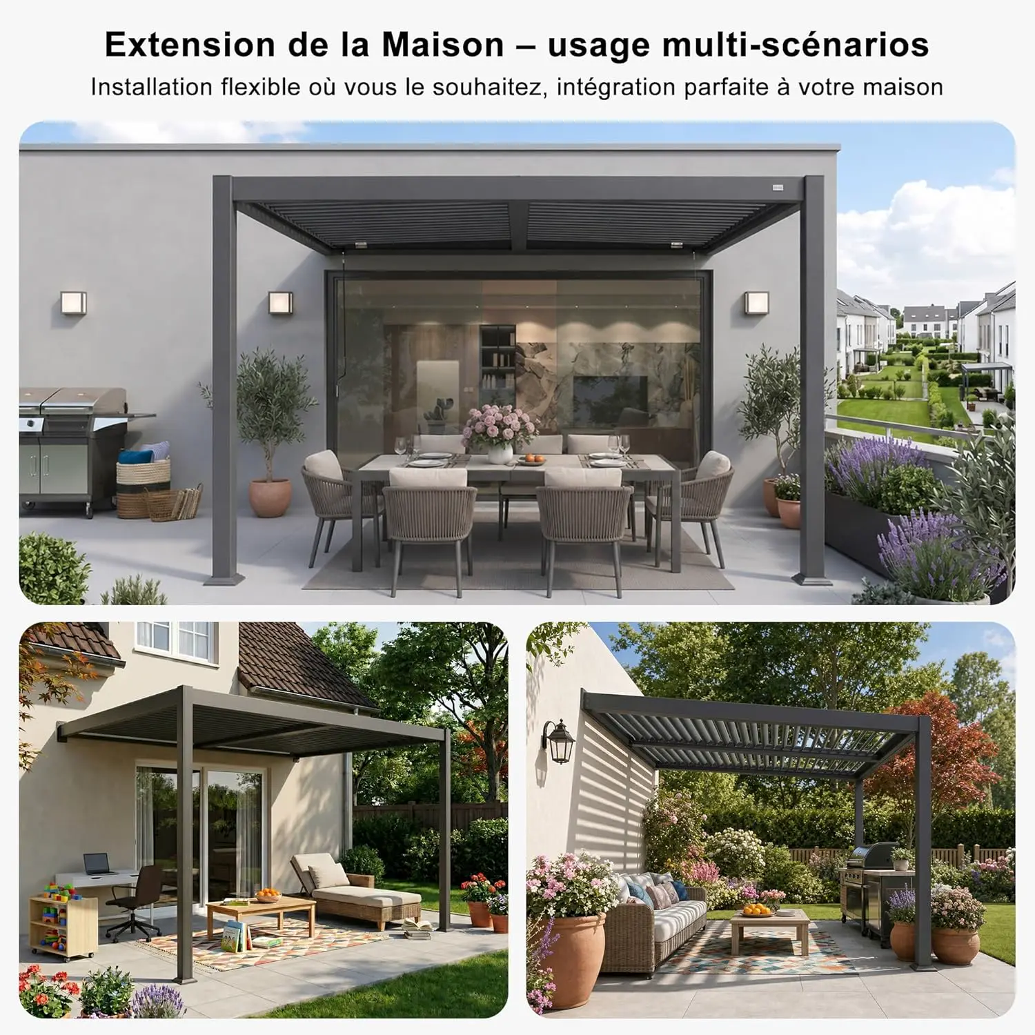 Pergola en aluminium gris 2,5x3 m adossée vue 7