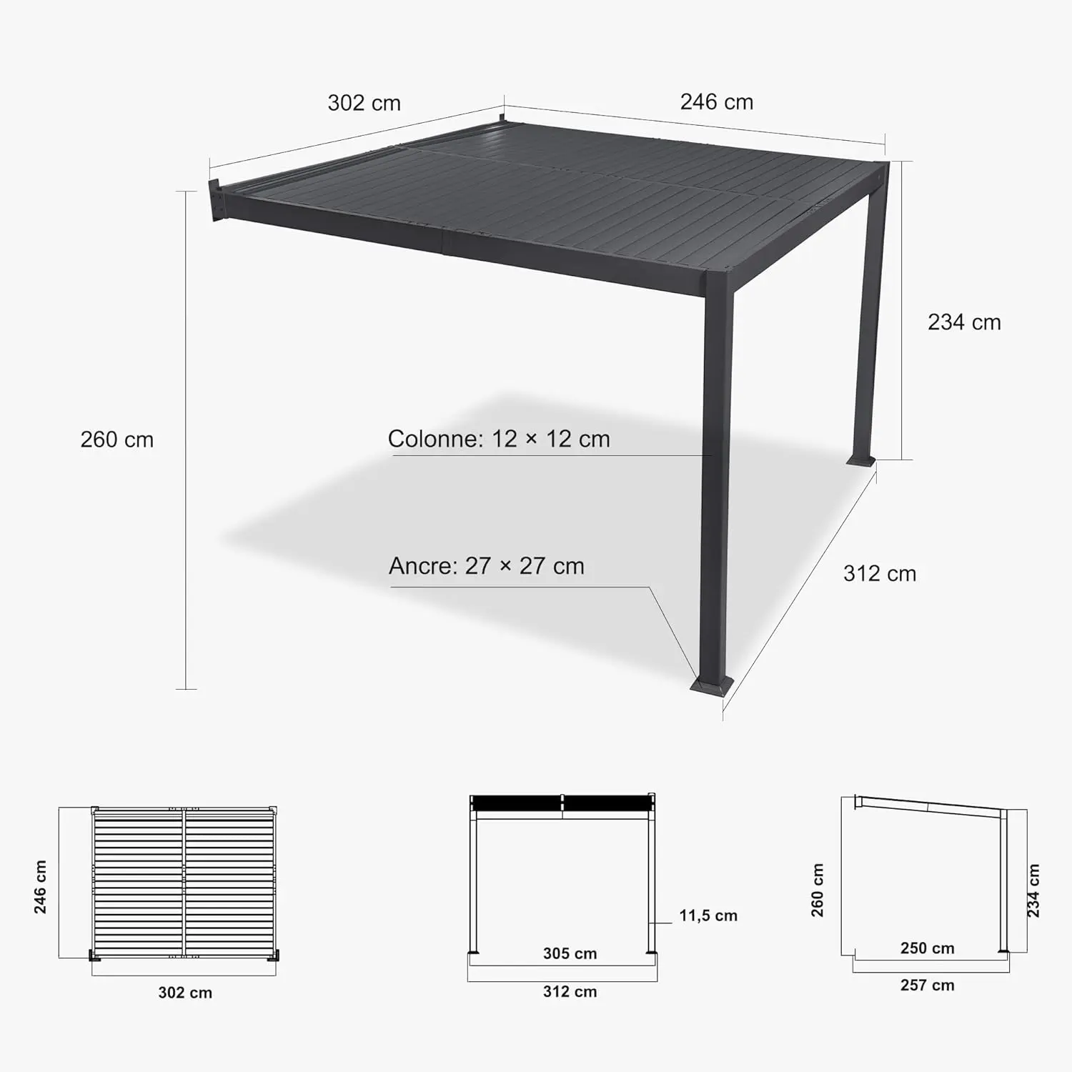 Pergola en aluminium gris 2,5x3 m adossée vue 9