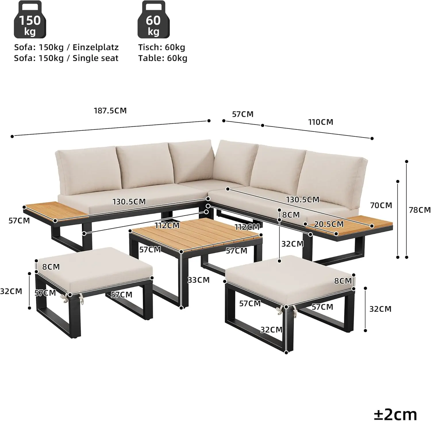 Salon de jardin 7 places en bois beige vue 2