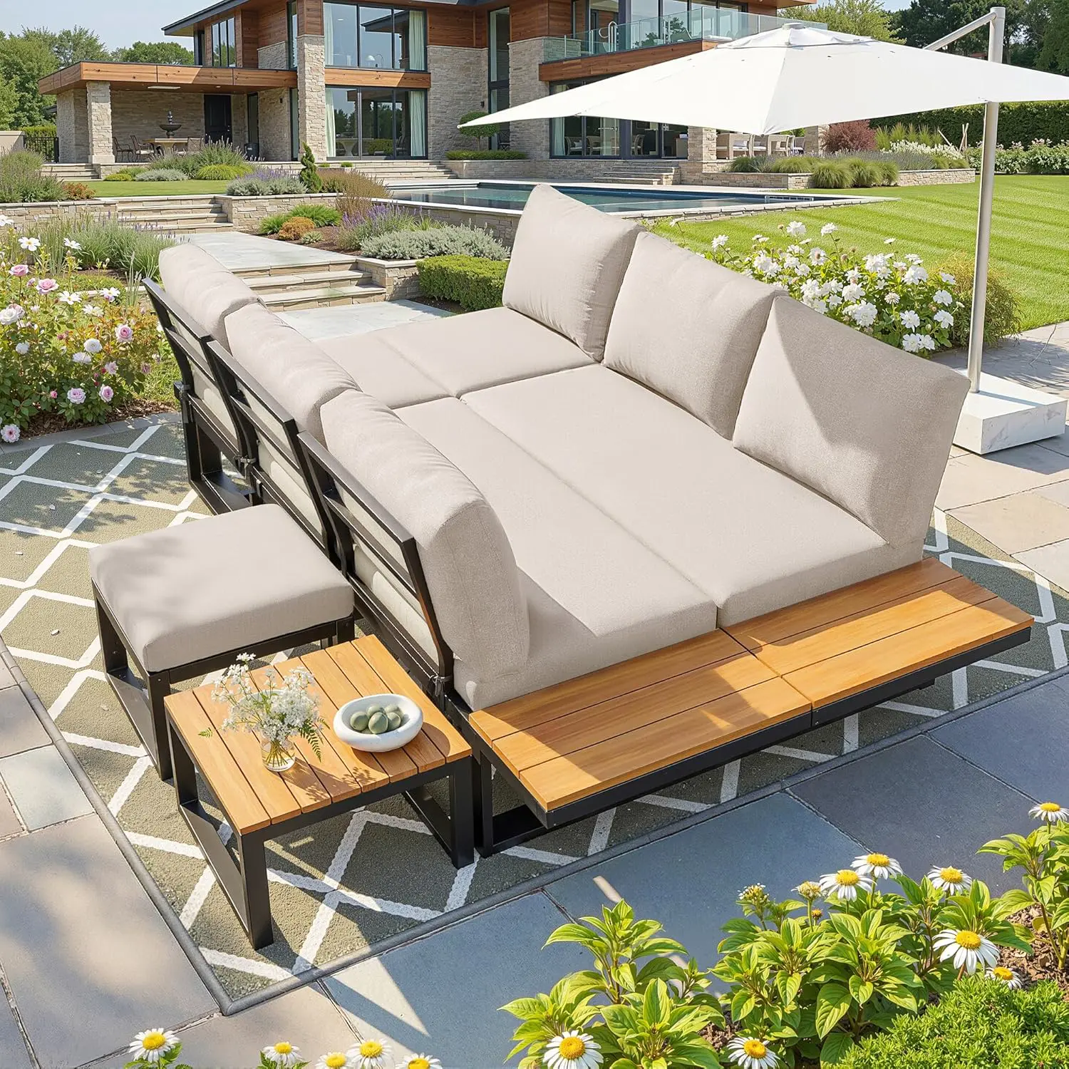Salon de jardin 7 places en bois beige vue 3