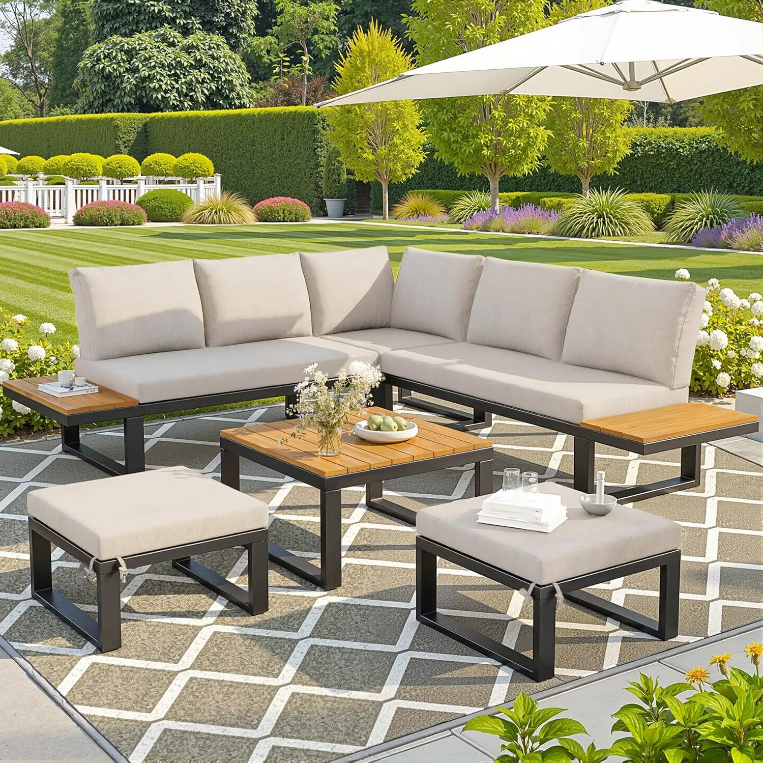 Salon de jardin 7 places en bois beige vue 4