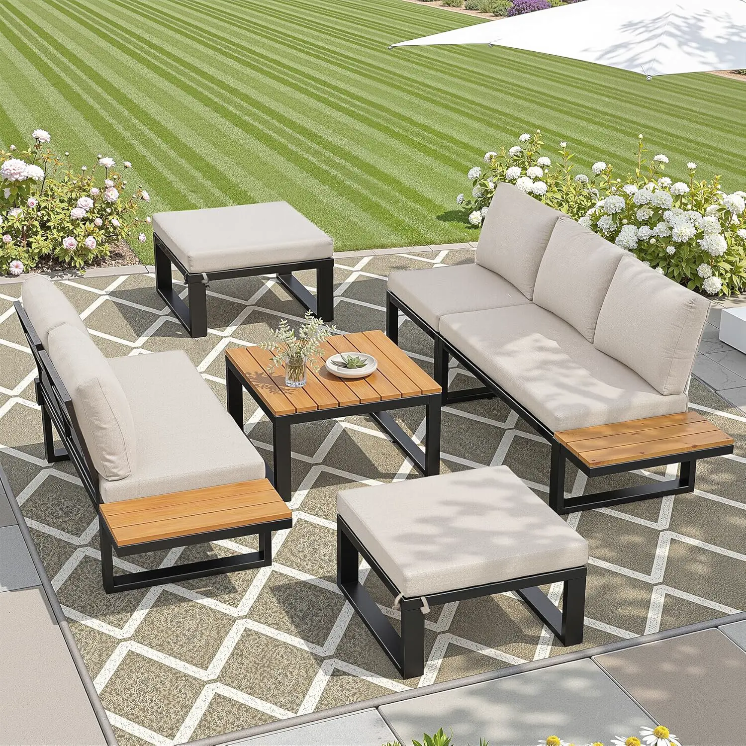 Salon de jardin 7 places en bois beige vue 5