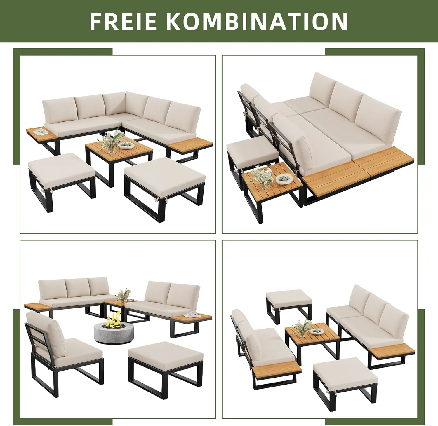 Salon de jardin 7 places en bois beige vue 6