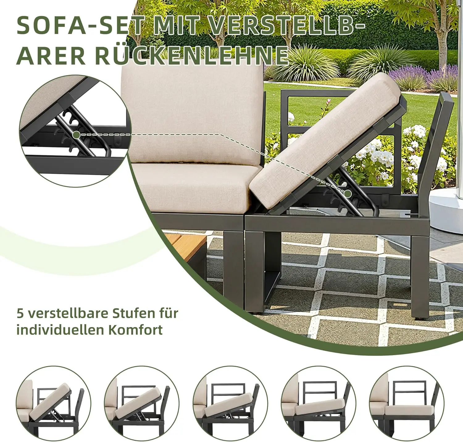 Salon de jardin 7 places en bois beige vue 7