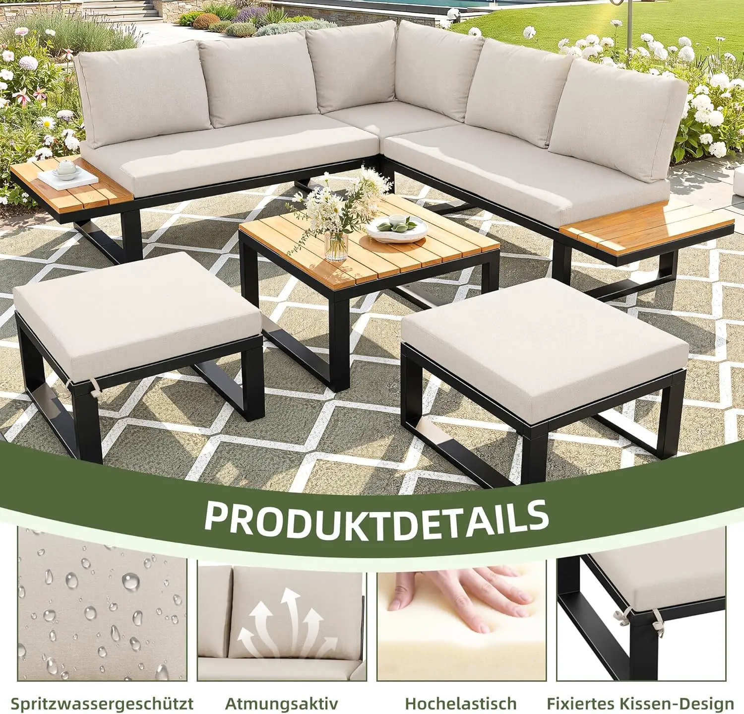 Salon de jardin 7 places en bois beige vue 8