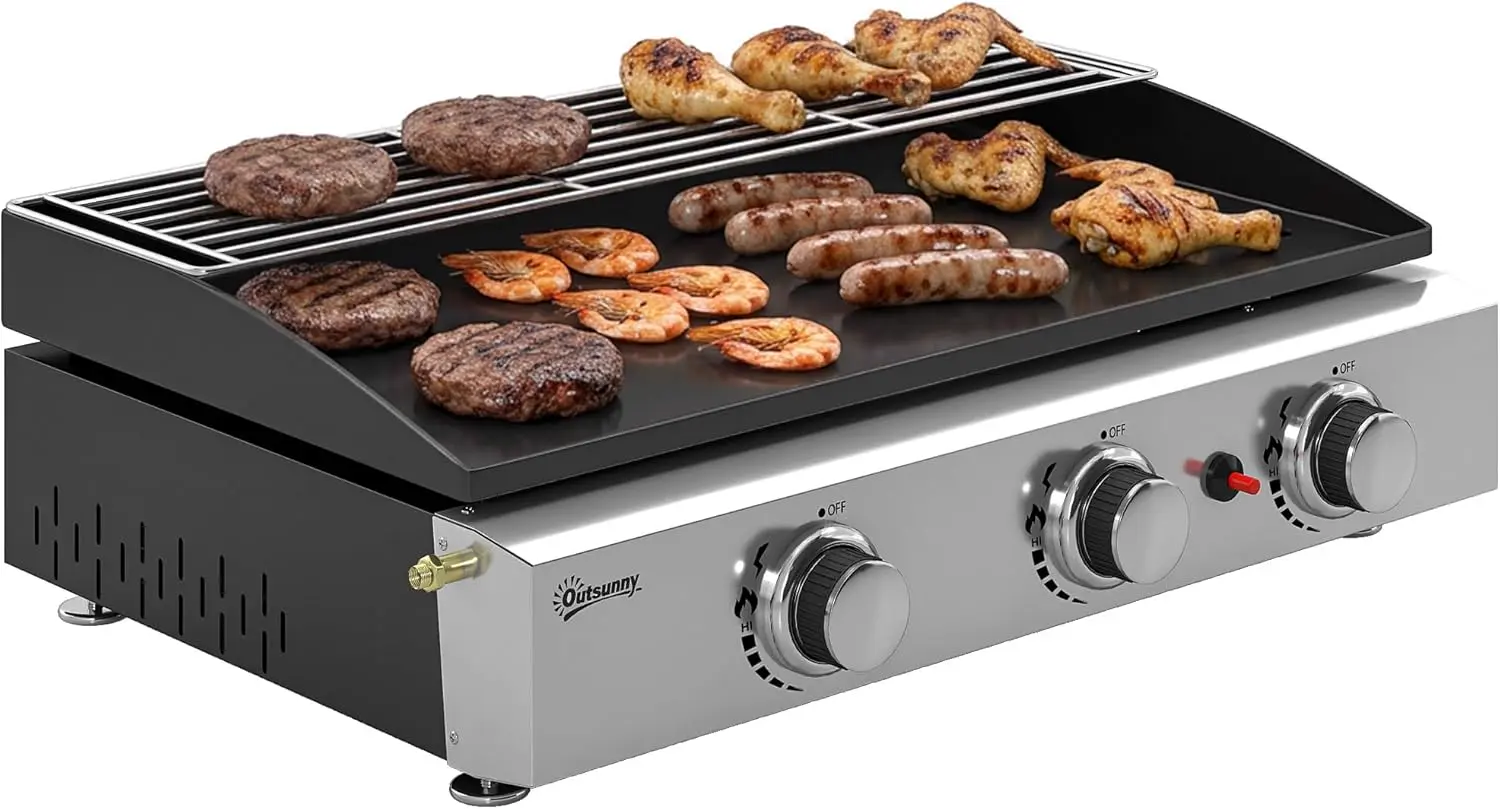 Outsunny Plancha Gaz avec 3 Brûleurs en Acier Inoxydable 7,5 kW