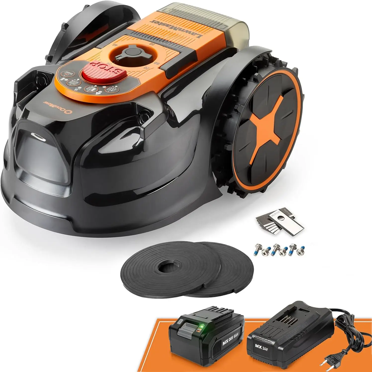 Robot tondeuse jaune vue 1