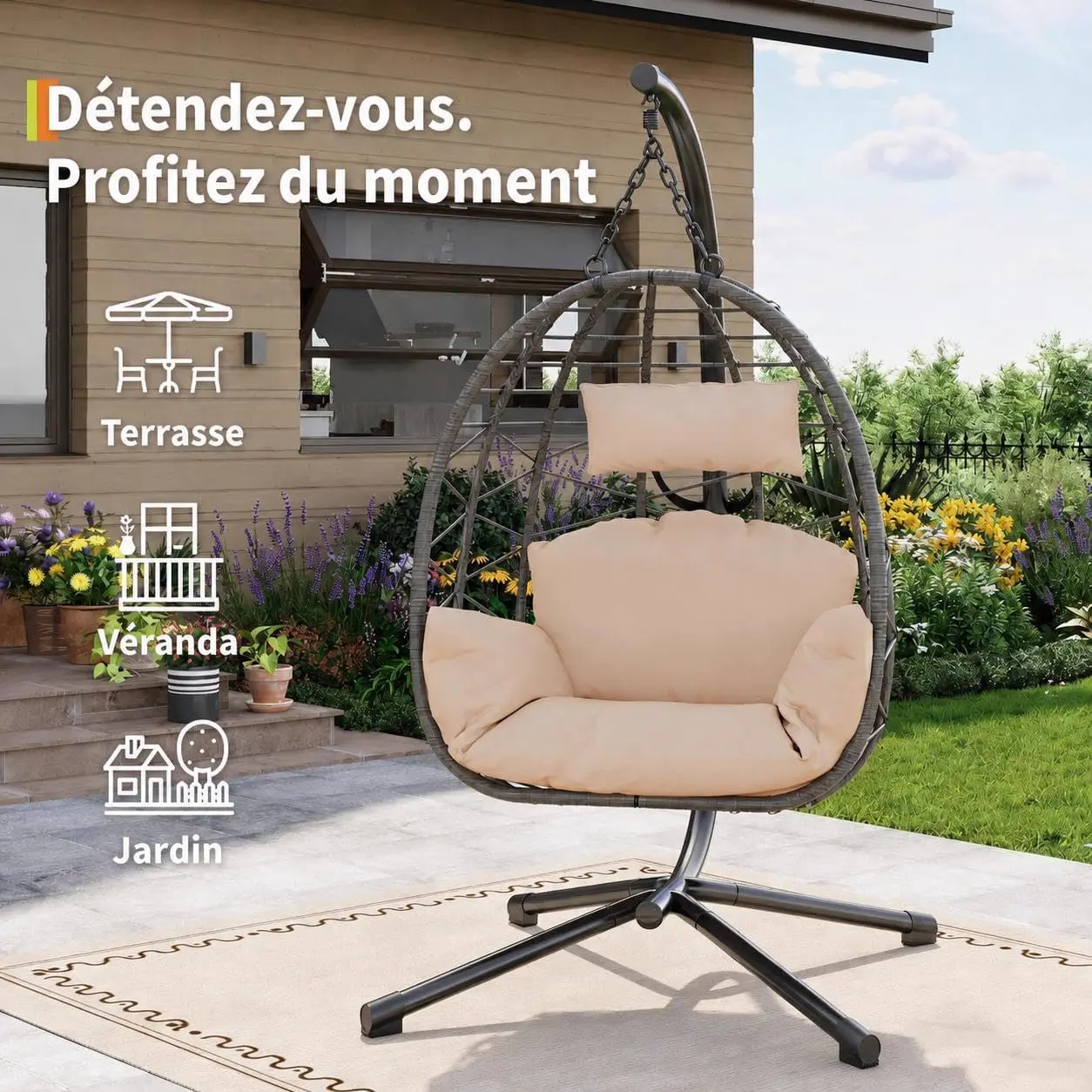 Fauteuils suspendus en rotin beige vue 2