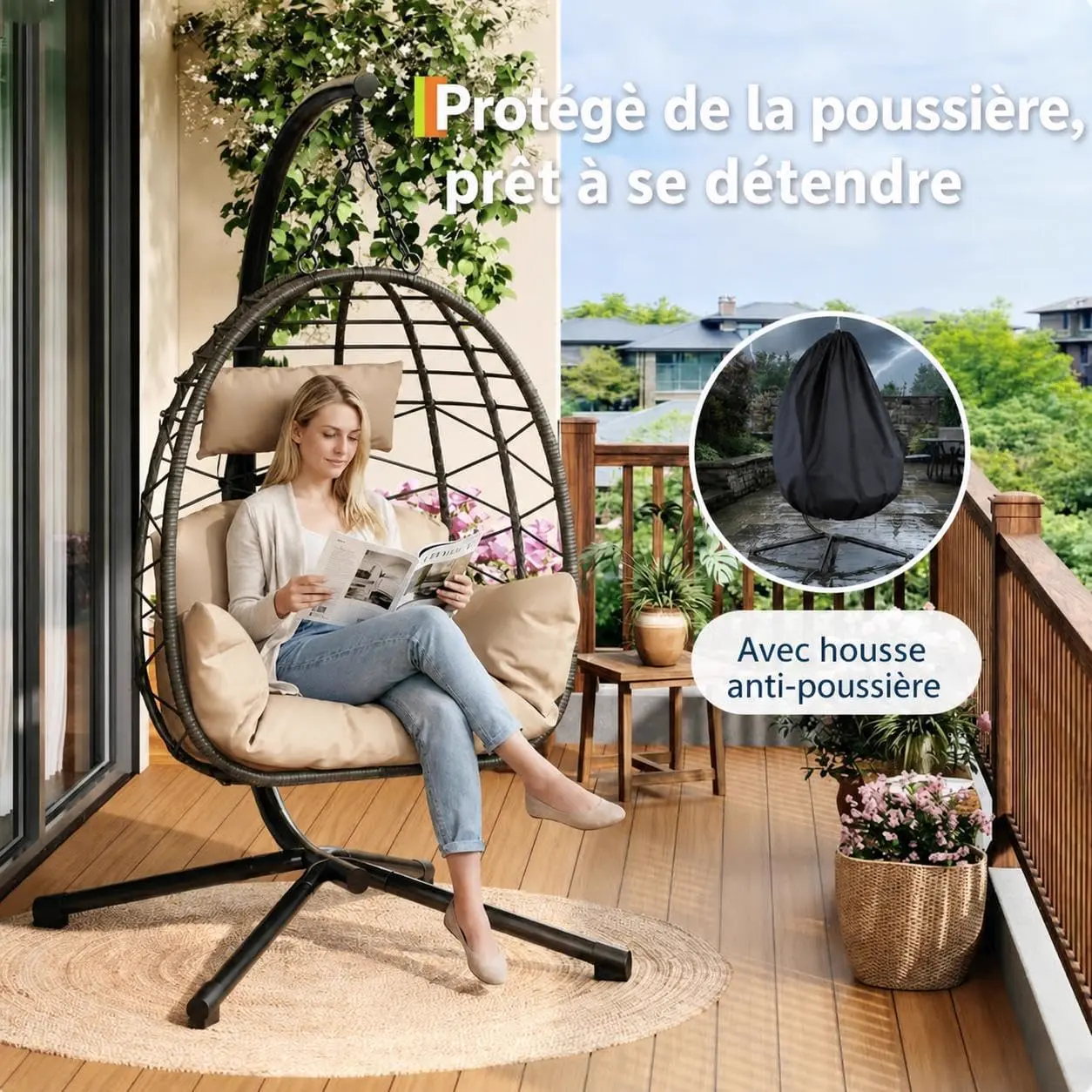 Fauteuils suspendus en rotin beige vue 4