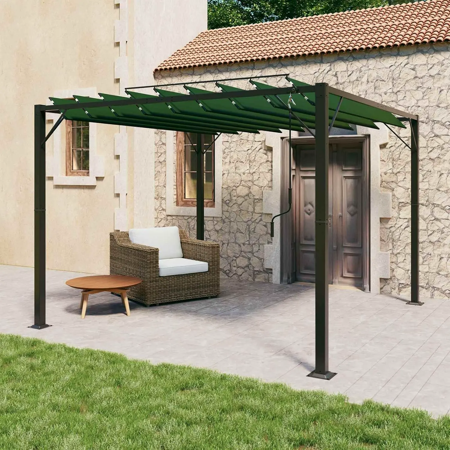 Gazebo de Jardin avec Toit à Lames Manuelle Orientable, Pergola en Aluminium et Tissu Polyester 3 x 3 x 2,14 m, Tonnelle pour Terrasse, Patio et Espace Extérieur, Vert