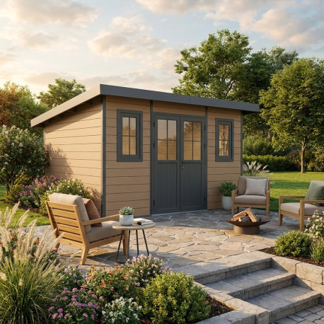 Abri de jardin en bois composite 28mm aspect bois 12m² PREMIUM toit monopente - Woodlife Garden