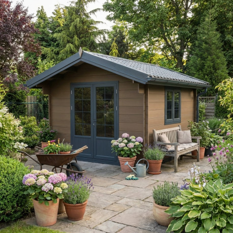 Abri de jardin en bois composite 28mm aspect bois vieilli 9m² double porte alu et double vitrage - Woodlife Garden