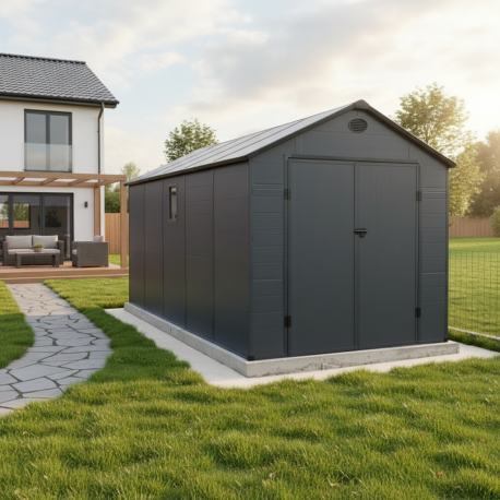 Abri de jardin en résine anthracite 11m² + kit de fondation - JOBU