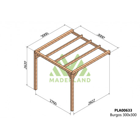 Pergola en bois marron 3x3 m adossée vue 2