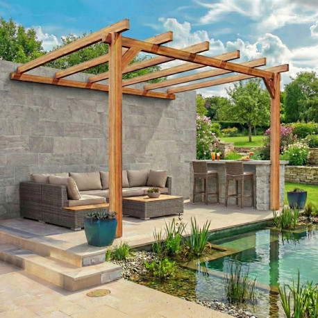 Pergola en bois marron 4x3 m adossée vue 3