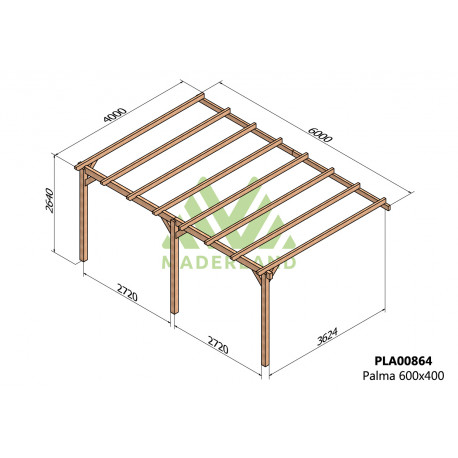 Pergola en bois marron 6x4 m adossée vue 2